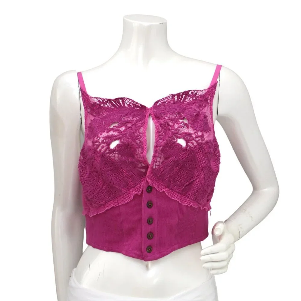Free People Have My Heart Lace Tank Cotton Crop Top Pink Purple Buttons Summer - Picture 5 of 10